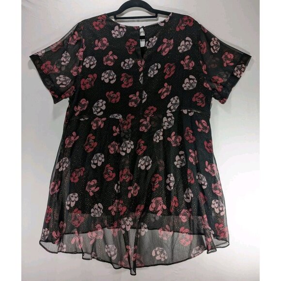 Vince Camuto Sheer Black Pink Floral Tunic Blouse Sparkle Dots Short Sleeve NWT - Picture 2 of 7